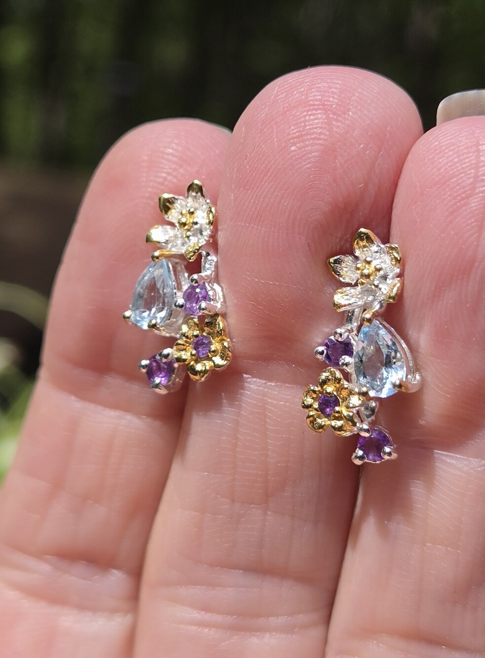 Blue Topaz & Amethyst Natural Floral Sterling & Gold Earrings - Picture 6 of 9